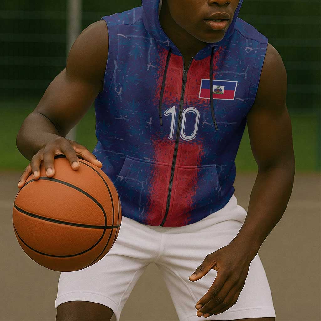 Custom Haiti National Football Sleeveless Zip Hoodie Haiti Emblems Motif - Wonder Print Shop
