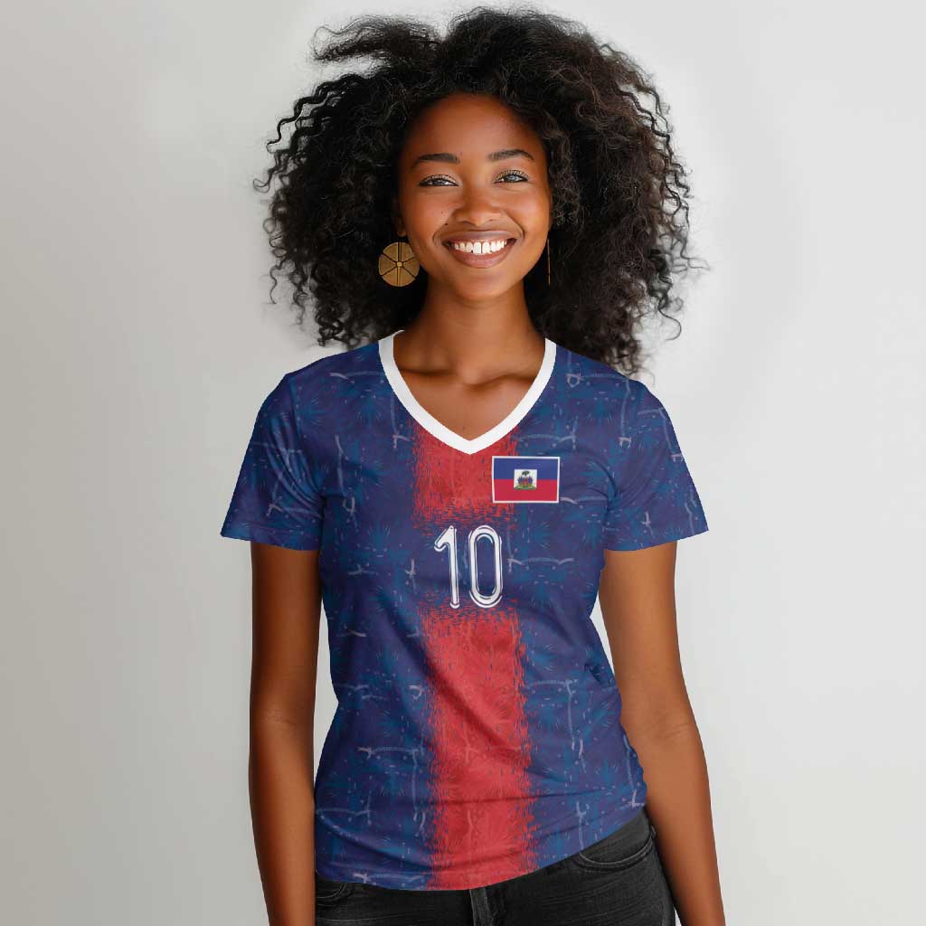 Custom Haiti National Football Women V-Neck T-Shirt Haiti Emblems Motif - Wonder Print Shop