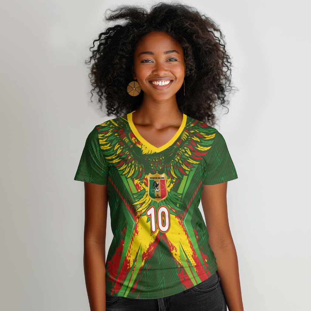 Custom Mali National Football Women V-Neck T-Shirt Grunge Les Aigles Sporty Style - Wonder Print Shop