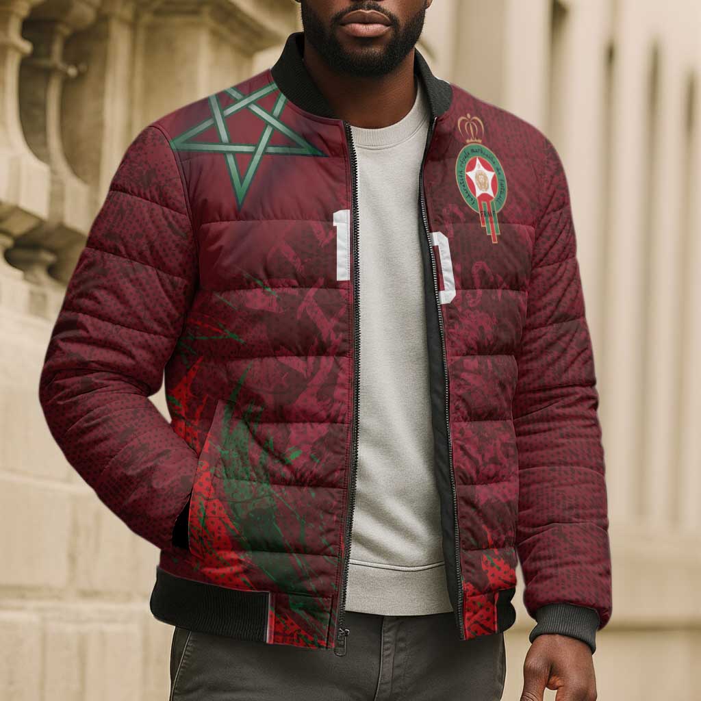 Custom Morocco National Football Bomber Puffer Jacket The Atlas Lions Grunge with National Flag - Wonder Print Shop