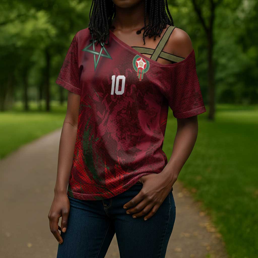 Custom Morocco National Football Cross Shoulder Shirt The Atlas Lions Grunge with National Flag - Wonder Print Shop