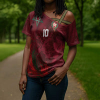 Custom Morocco National Football Cross Shoulder Shirt The Atlas Lions Grunge with National Flag - Wonder Print Shop