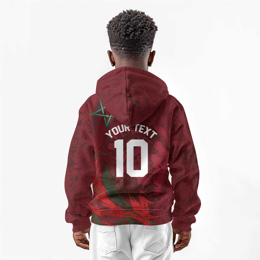 Custom Morocco National Football Kid Hoodie The Atlas Lions Grunge with National Flag - Wonder Print Shop
