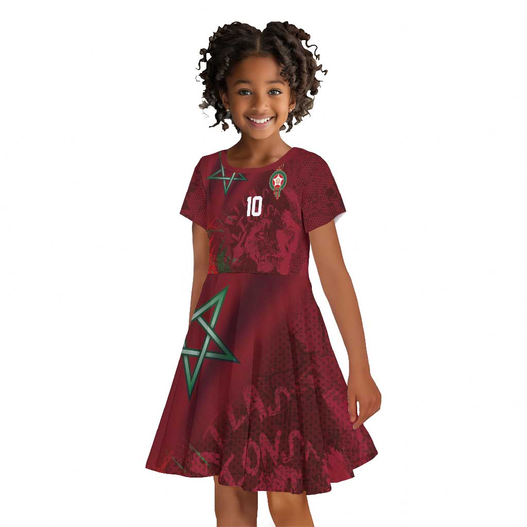 Custom Morocco National Football Kid Short Sleeve Dress The Atlas Lions Grunge with National Flag - Wonder Print Shop