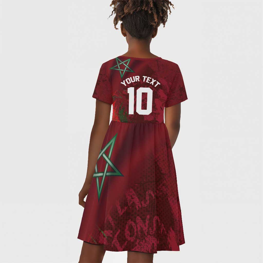 Custom Morocco National Football Kid Short Sleeve Dress The Atlas Lions Grunge with National Flag - Wonder Print Shop
