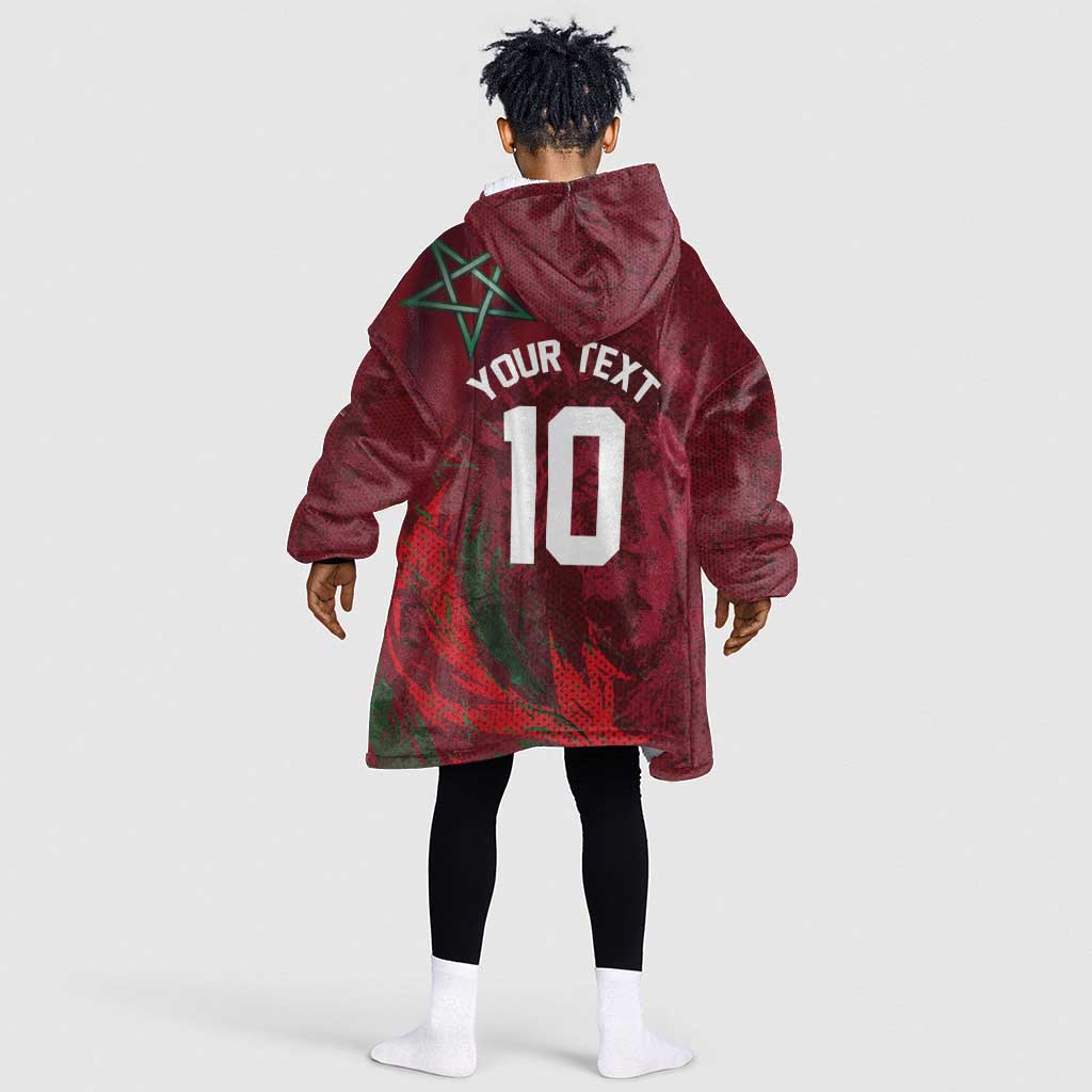 Custom Morocco National Football Kid Wearable Blanket Hoodie The Atlas Lions Grunge with National Flag - Wonder Print Shop