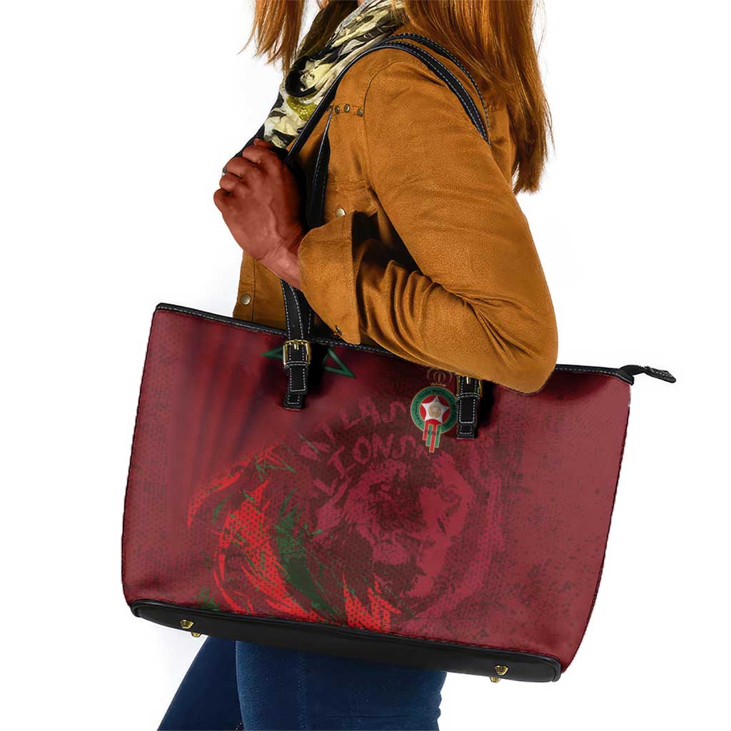 Morocco National Football Leather Tote Bag The Atlas Lions Grunge with National Flag - Wonder Print Shop