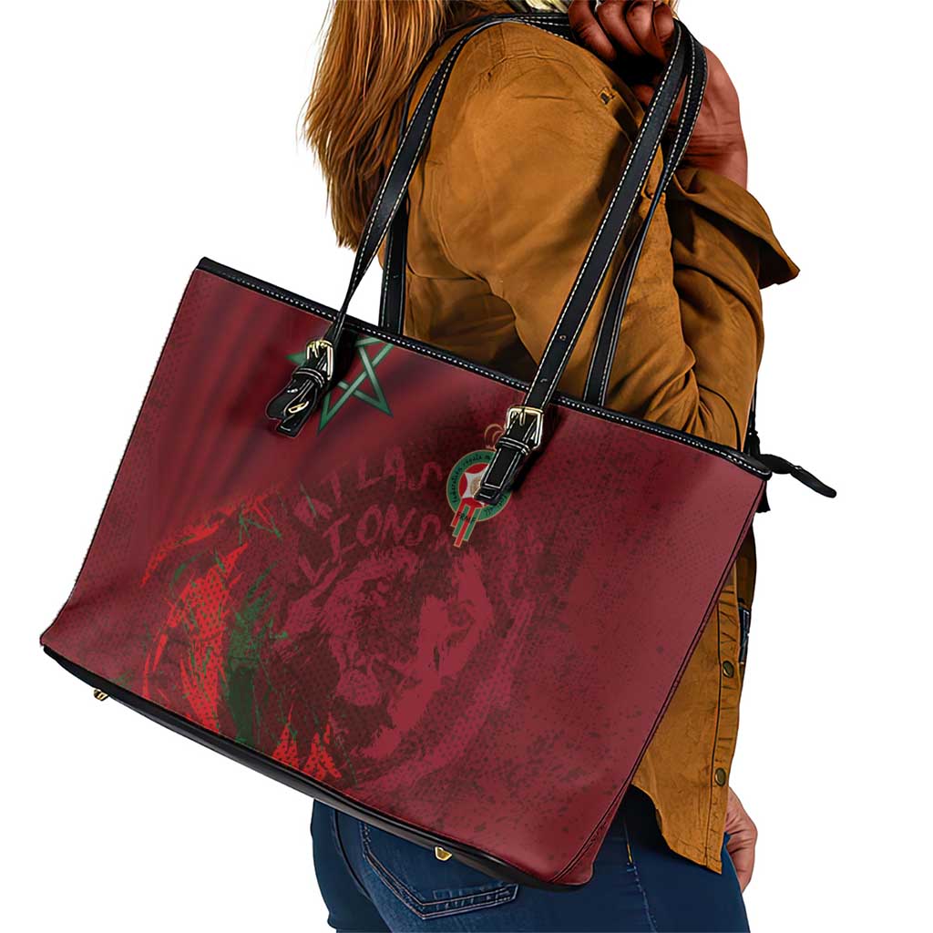 Morocco National Football Leather Tote Bag The Atlas Lions Grunge with National Flag - Wonder Print Shop