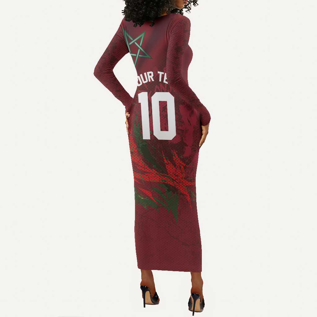 Custom Morocco National Football Long Sleeve Bodycon Dress The Atlas Lions Grunge with National Flag - Wonder Print Shop