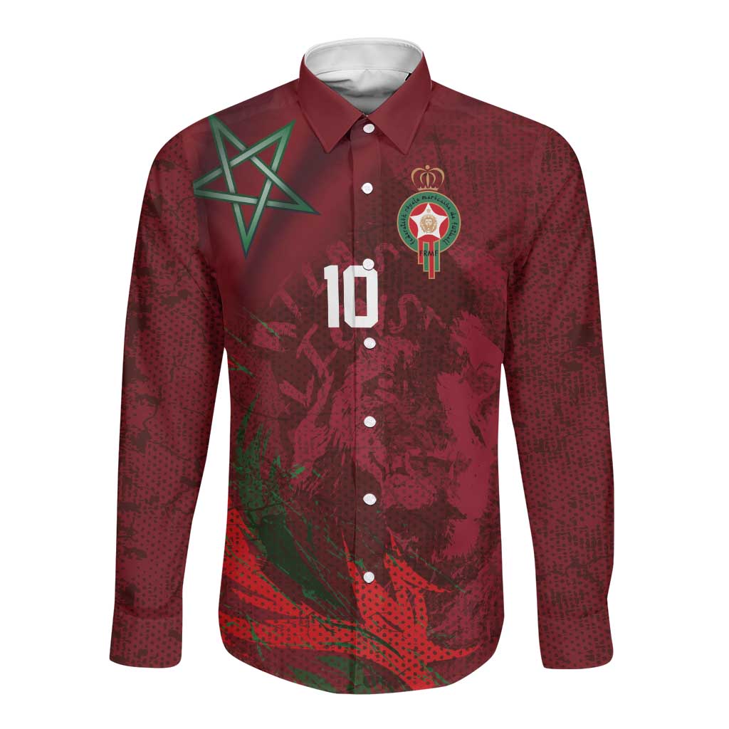 Custom Morocco National Football Long Sleeve Button Shirt The Atlas Lions Grunge with National Flag - Wonder Print Shop