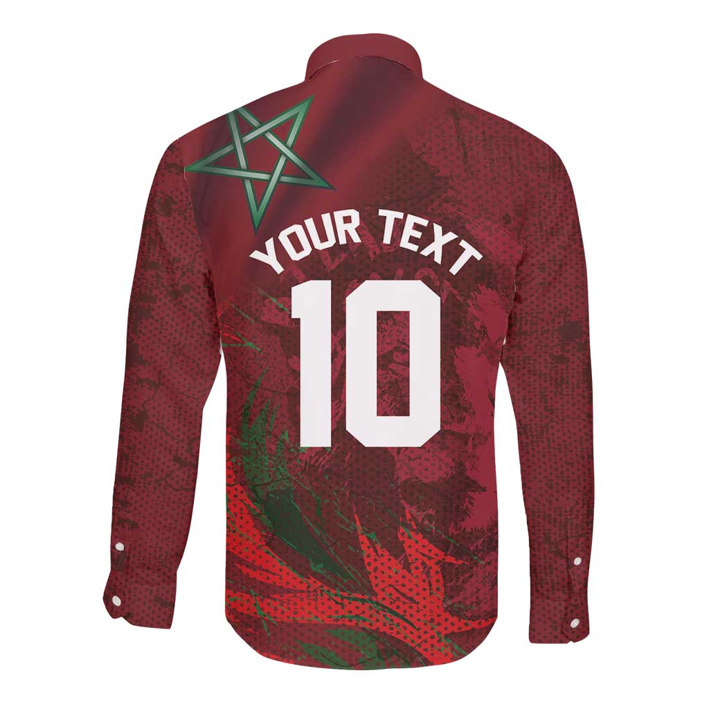 Custom Morocco National Football Long Sleeve Button Shirt The Atlas Lions Grunge with National Flag - Wonder Print Shop