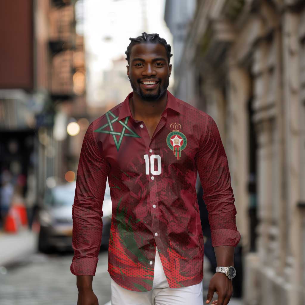 Custom Morocco National Football Long Sleeve Button Shirt The Atlas Lions Grunge with National Flag - Wonder Print Shop