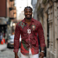 Custom Morocco National Football Long Sleeve Button Shirt The Atlas Lions Grunge with National Flag - Wonder Print Shop