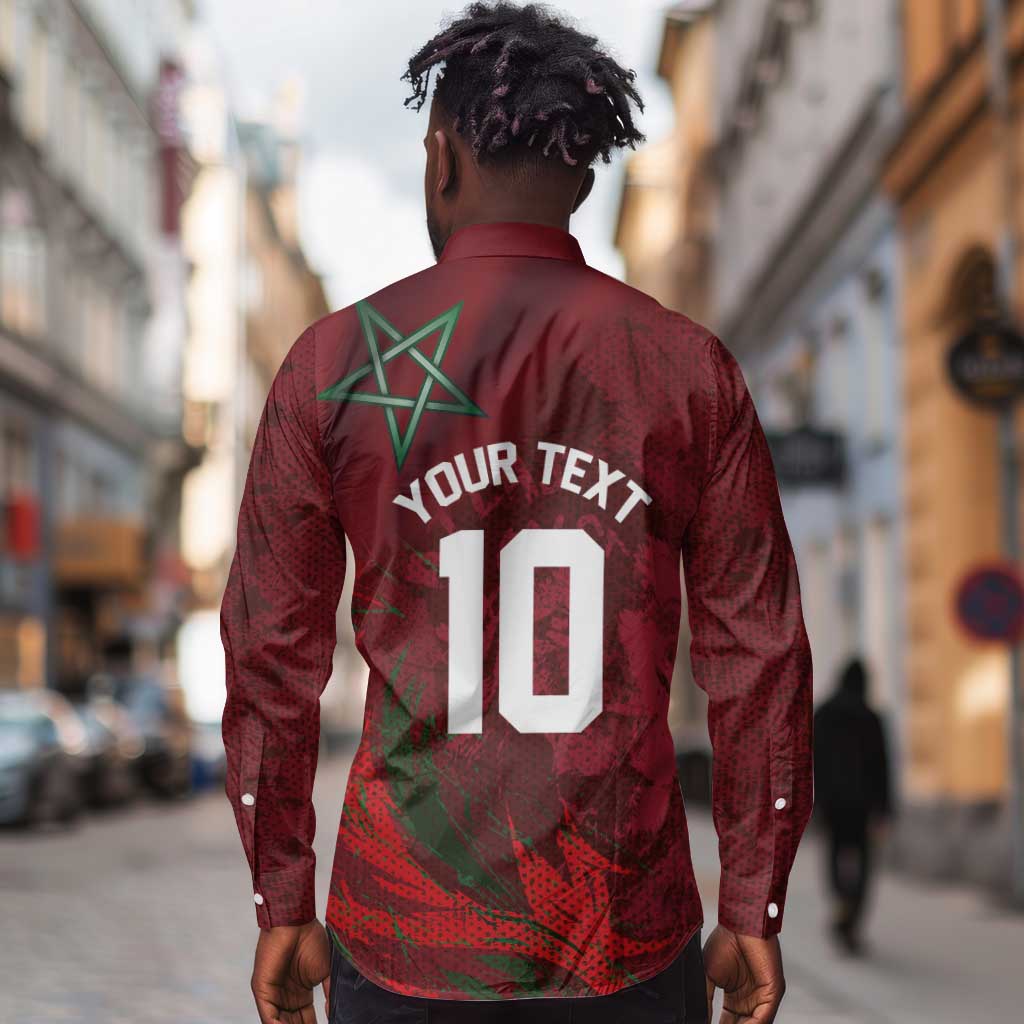 Custom Morocco National Football Long Sleeve Button Shirt The Atlas Lions Grunge with National Flag - Wonder Print Shop