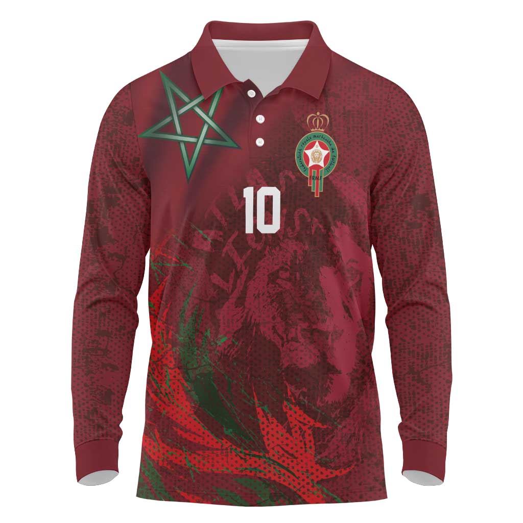 Custom Morocco National Football Long Sleeve Polo Shirt The Atlas Lions Grunge with National Flag - Wonder Print Shop