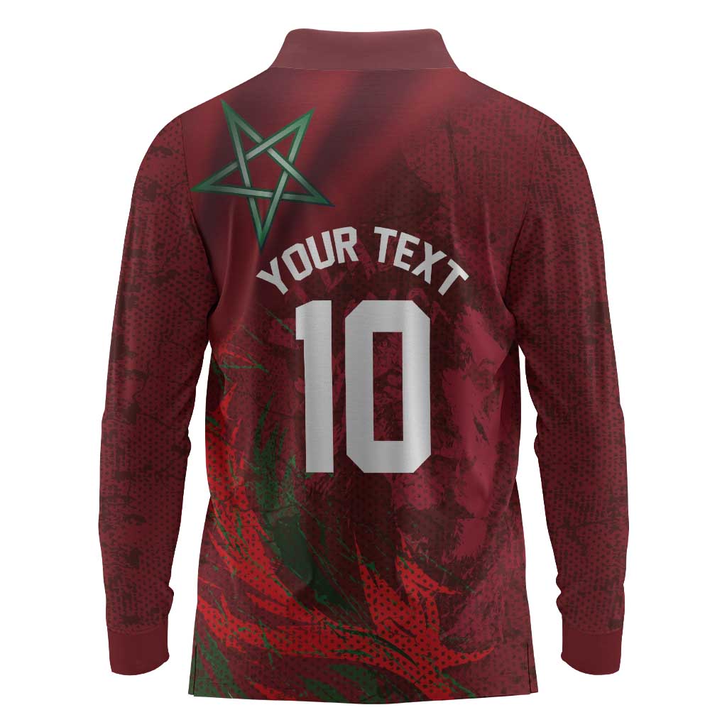 Custom Morocco National Football Long Sleeve Polo Shirt The Atlas Lions Grunge with National Flag - Wonder Print Shop