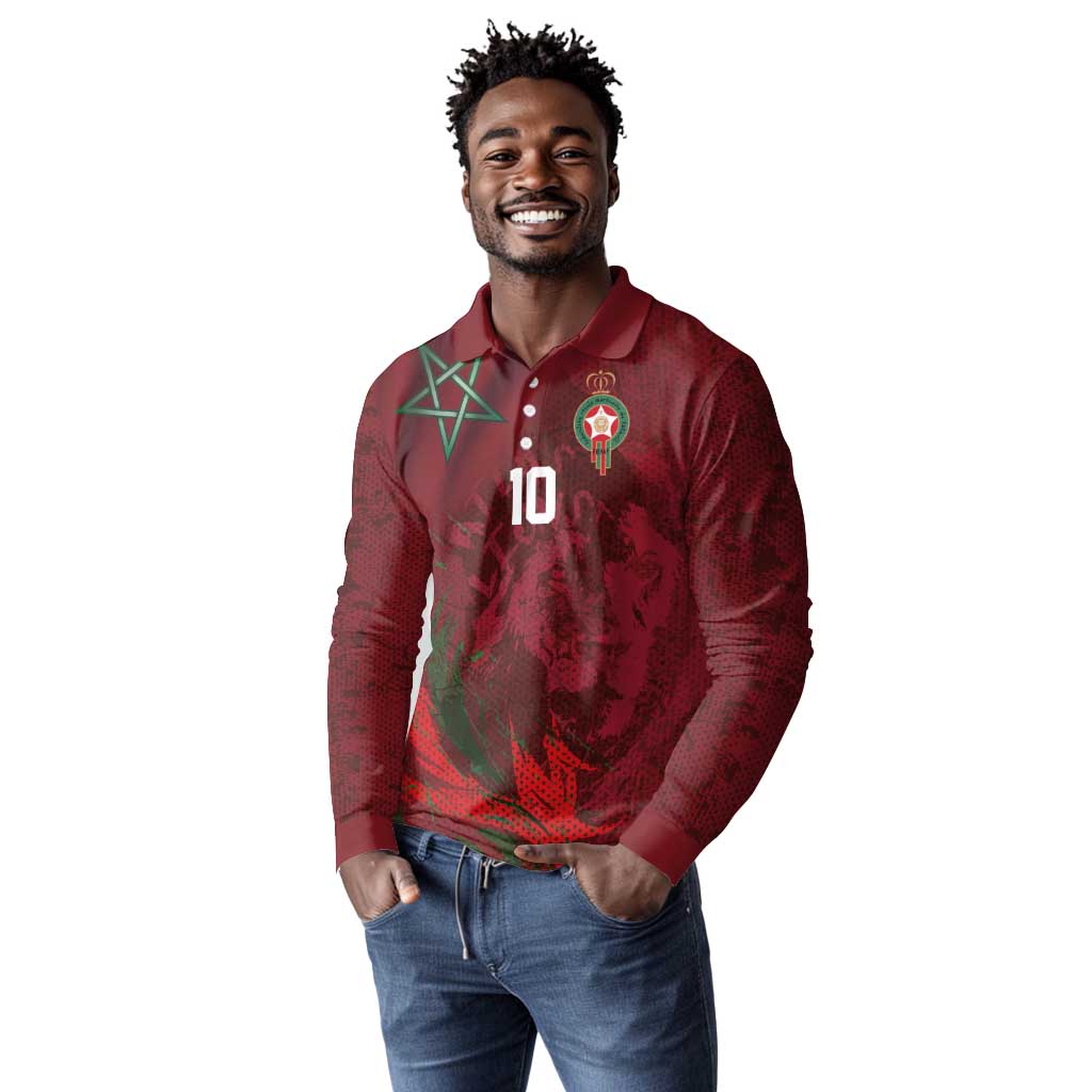 Custom Morocco National Football Long Sleeve Polo Shirt The Atlas Lions Grunge with National Flag - Wonder Print Shop