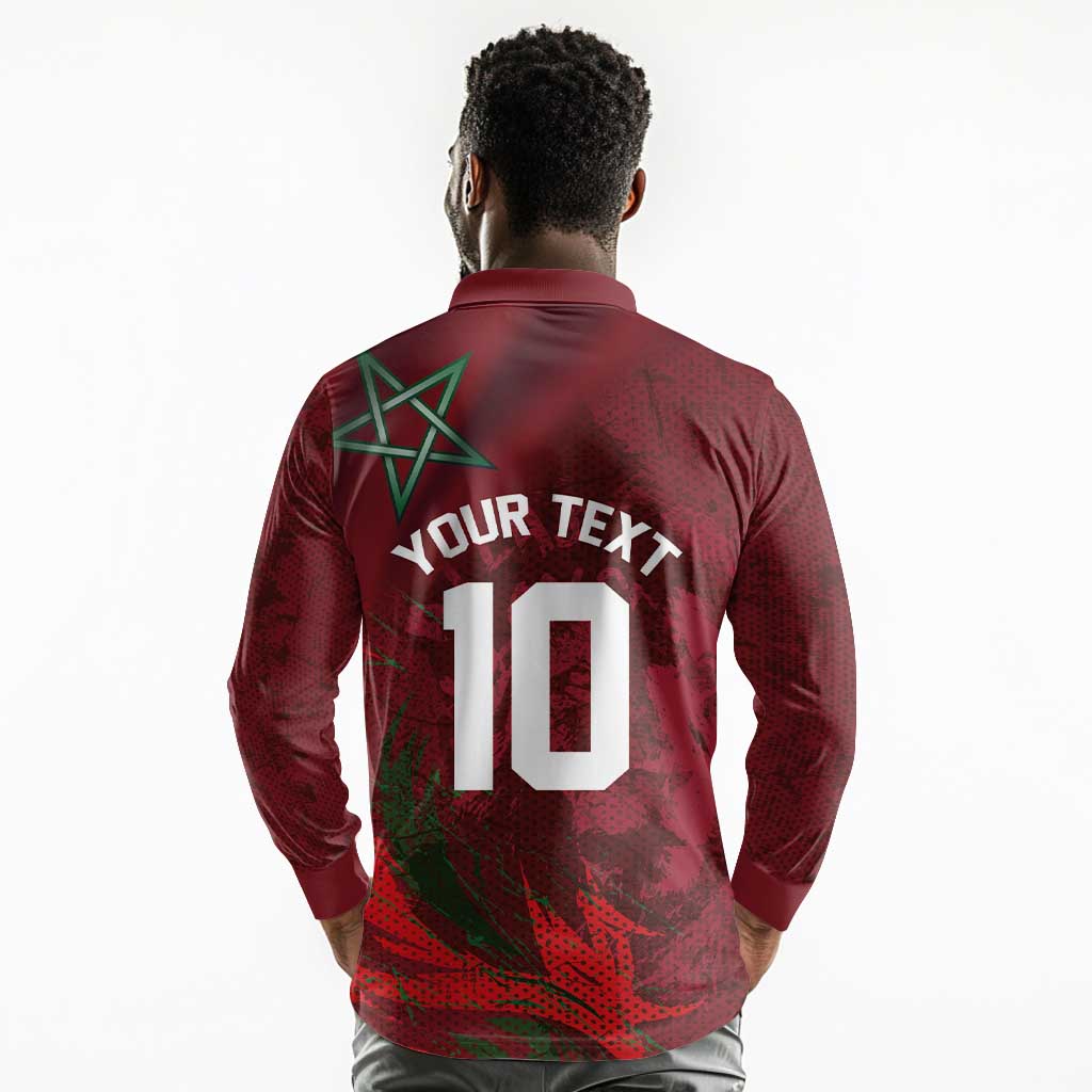 Custom Morocco National Football Long Sleeve Polo Shirt The Atlas Lions Grunge with National Flag - Wonder Print Shop