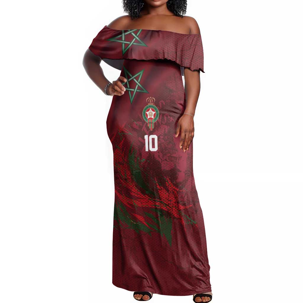 Custom Morocco National Football Off Shoulder Maxi Dress The Atlas Lions Grunge with National Flag - Wonder Print Shop