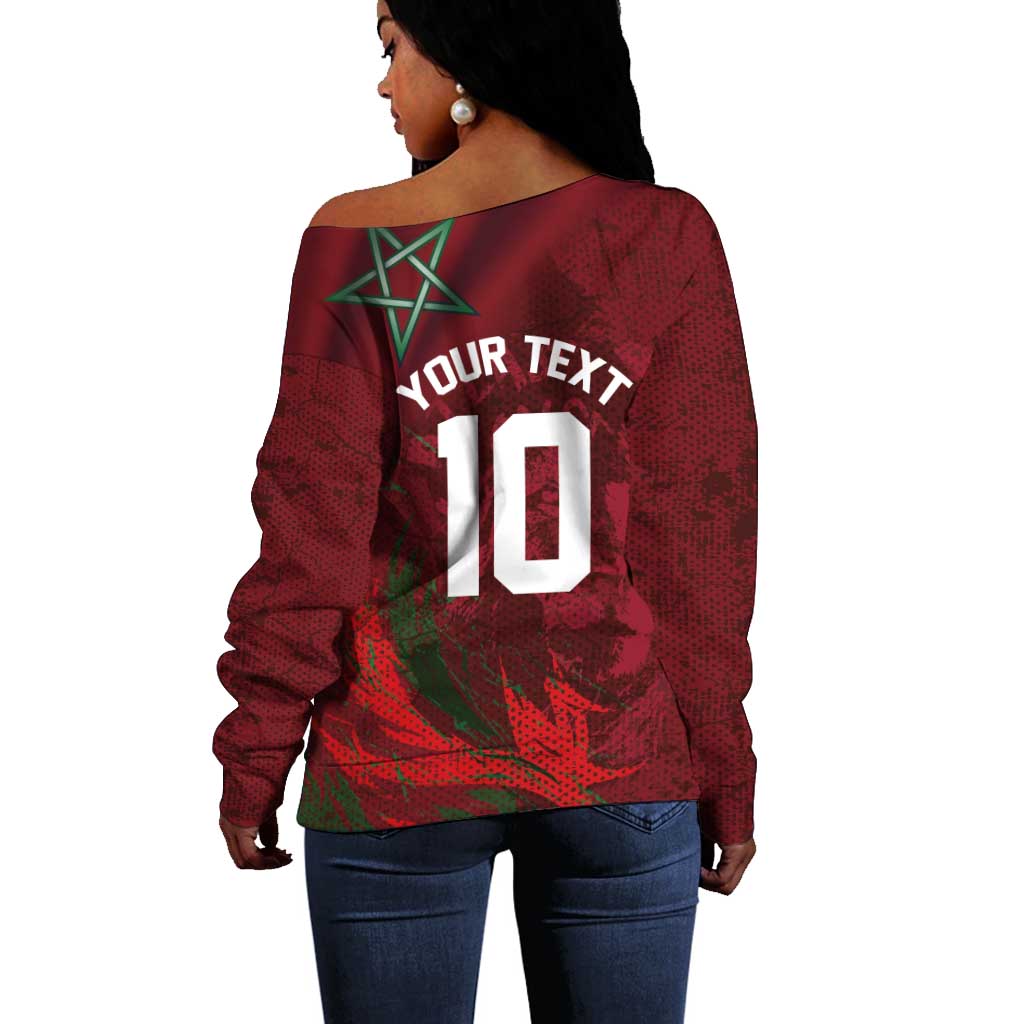 Custom Morocco National Football Off Shoulder Sweater The Atlas Lions Grunge with National Flag - Wonder Print Shop