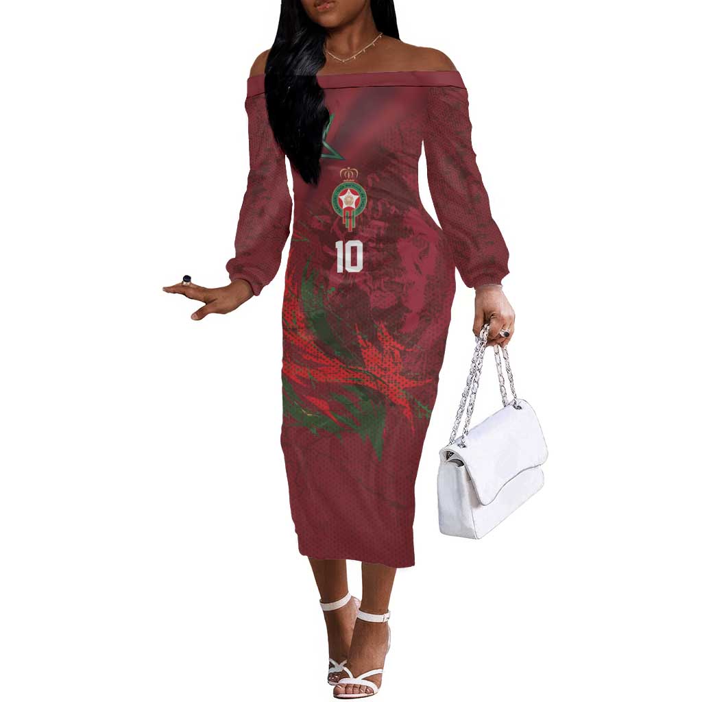 Custom Morocco National Football Off The Shoulder Long Sleeve Dress The Atlas Lions Grunge with National Flag - Wonder Print Shop