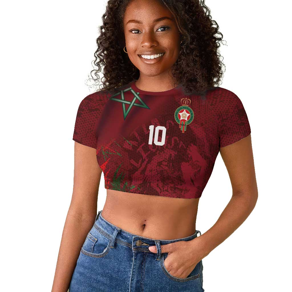 Custom Morocco National Football Raglan Cropped T shirt The Atlas Lions Grunge with National Flag - Wonder Print Shop