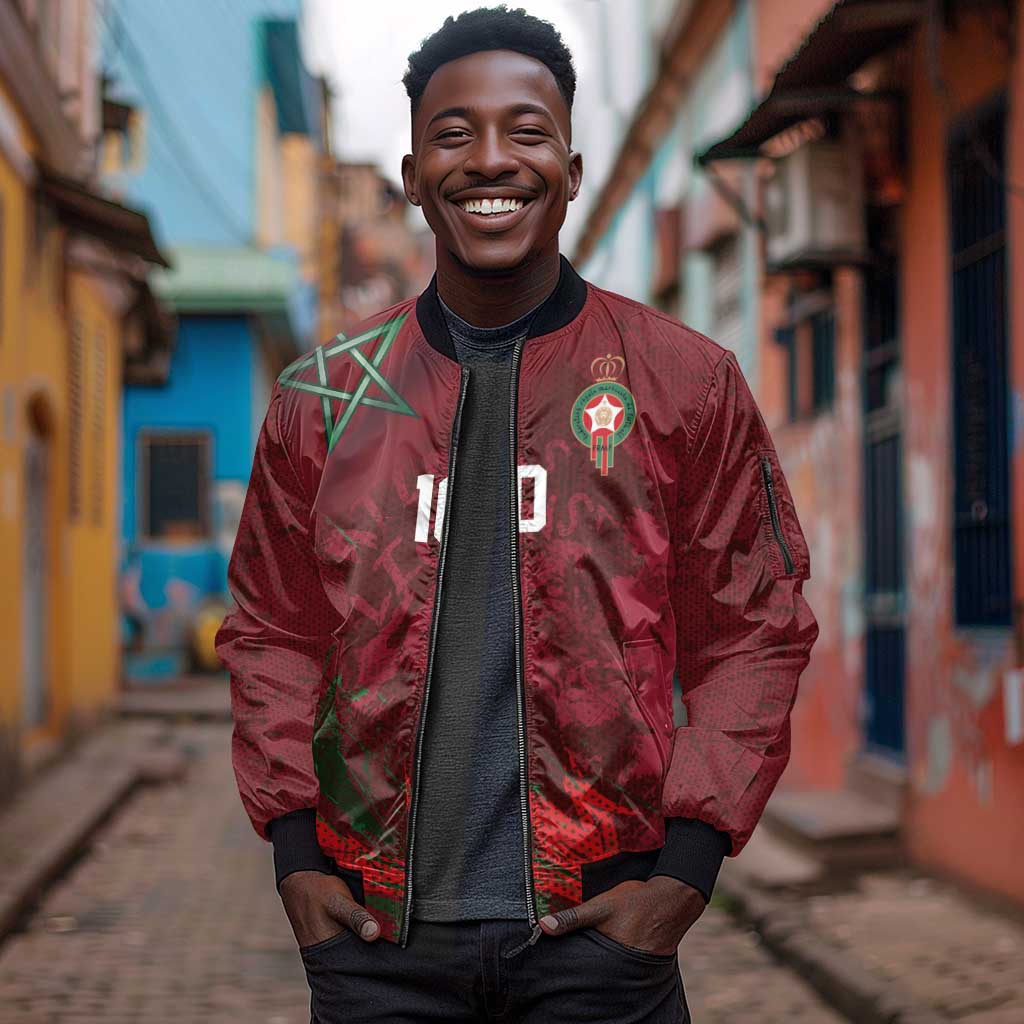 Custom Morocco National Football Sleeve Zip Bomber Jacket The Atlas Lions Grunge with National Flag - Wonder Print Shop