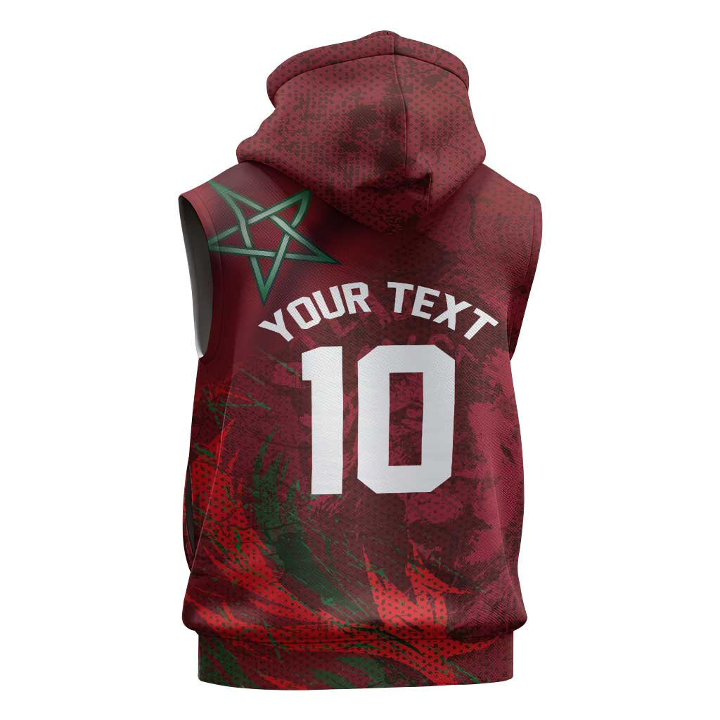 Custom Morocco National Football Sleeveless Hoodie The Atlas Lions Grunge with National Flag - Wonder Print Shop