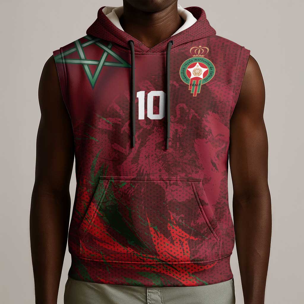 Custom Morocco National Football Sleeveless Hoodie The Atlas Lions Grunge with National Flag - Wonder Print Shop