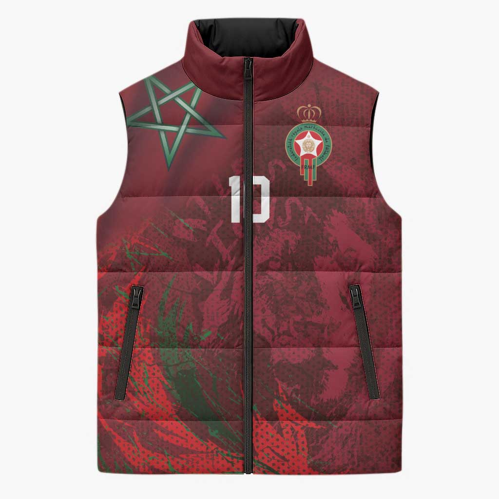 Custom Morocco National Football Sleeveless Puffer Jacket The Atlas Lions Grunge with National Flag - Wonder Print Shop