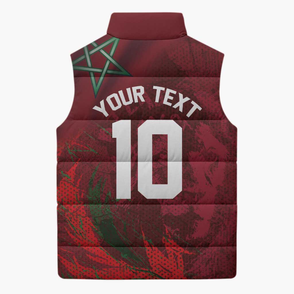 Custom Morocco National Football Sleeveless Puffer Jacket The Atlas Lions Grunge with National Flag - Wonder Print Shop
