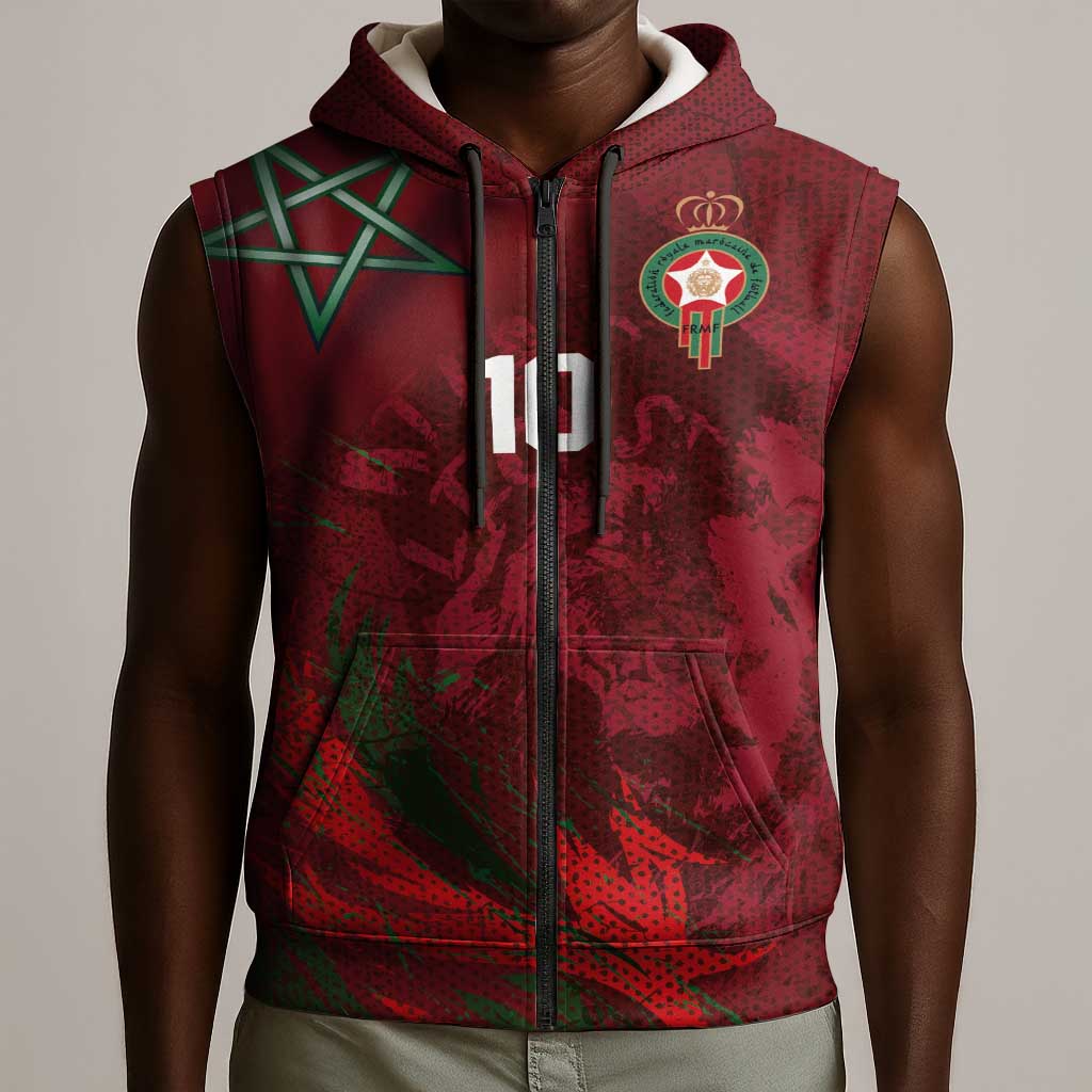 Custom Morocco National Football Sleeveless Zip Hoodie The Atlas Lions Grunge with National Flag - Wonder Print Shop