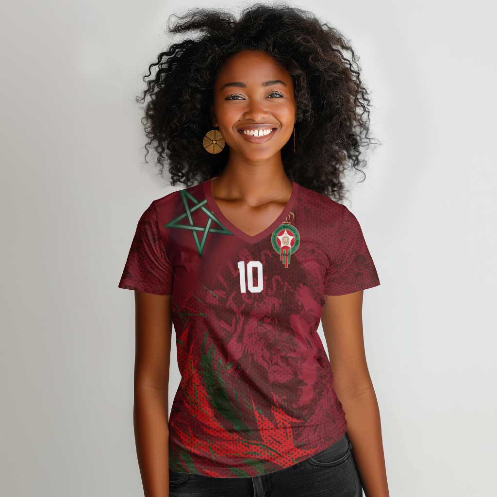 Custom Morocco National Football Women V-Neck T-Shirt The Atlas Lions Grunge with National Flag - Wonder Print Shop