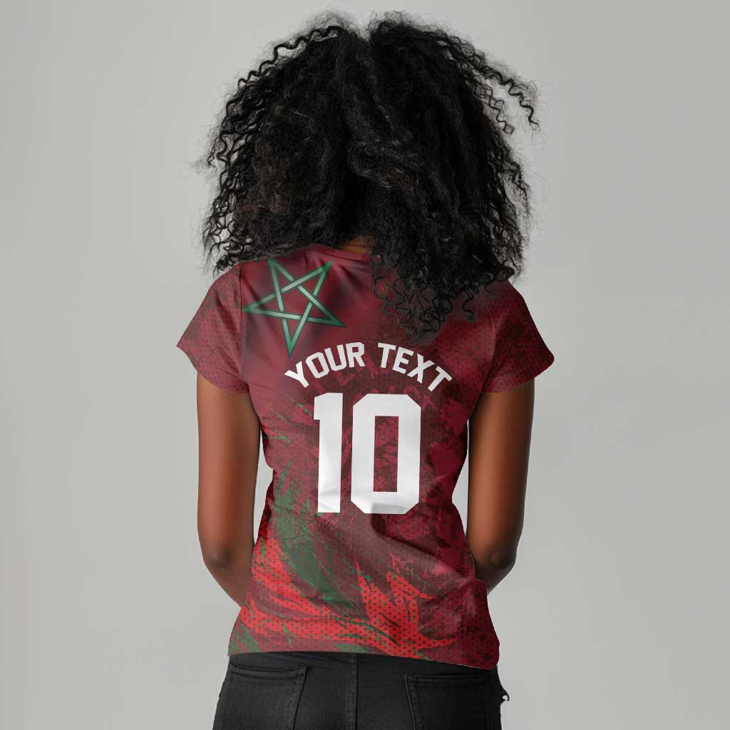 Custom Morocco National Football Women V-Neck T-Shirt The Atlas Lions Grunge with National Flag - Wonder Print Shop