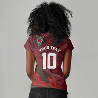 Custom Morocco National Football Women V-Neck T-Shirt The Atlas Lions Grunge with National Flag - Wonder Print Shop