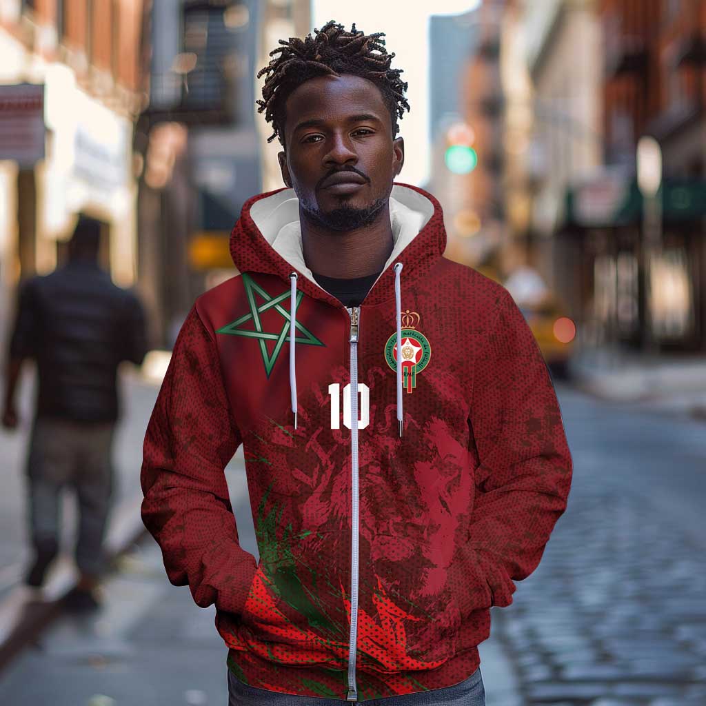Custom Morocco National Football Zip Hoodie The Atlas Lions Grunge with National Flag - Wonder Print Shop