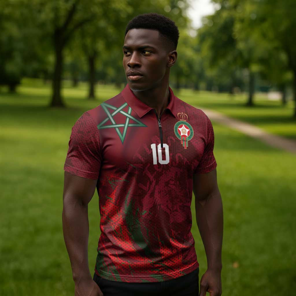 Custom Morocco National Football Zipper Polo Shirt The Atlas Lions Grunge with National Flag - Wonder Print Shop