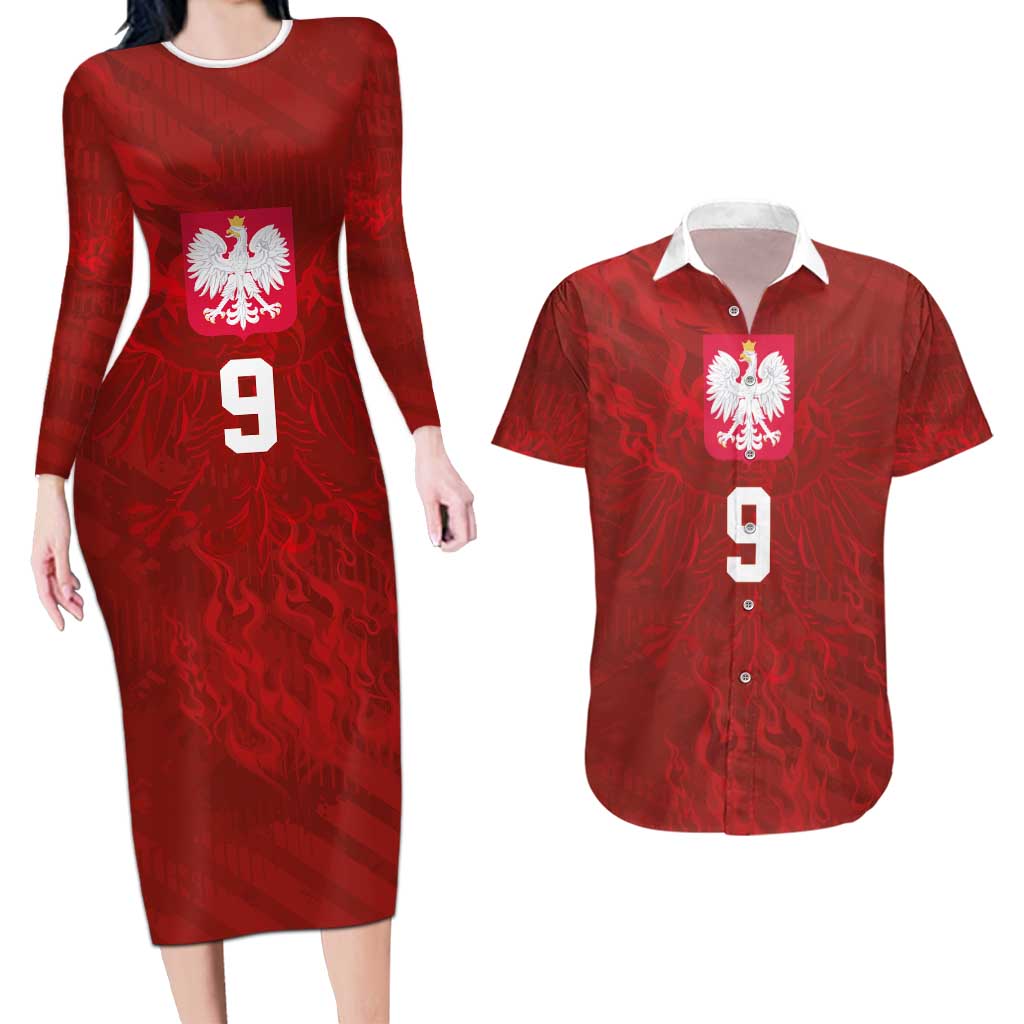 Custom Poland National Football Couples Matching Long Sleeve Bodycon Dress and Hawaiian Shirt The Eagles on Flames - Wonder Print Shop