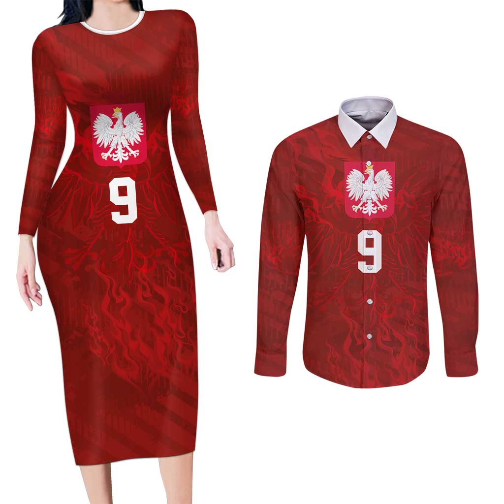 Custom Poland National Football Couples Matching Long Sleeve Bodycon Dress and Long Sleeve Button Shirt The Eagles on Flames - Wonder Print Shop
