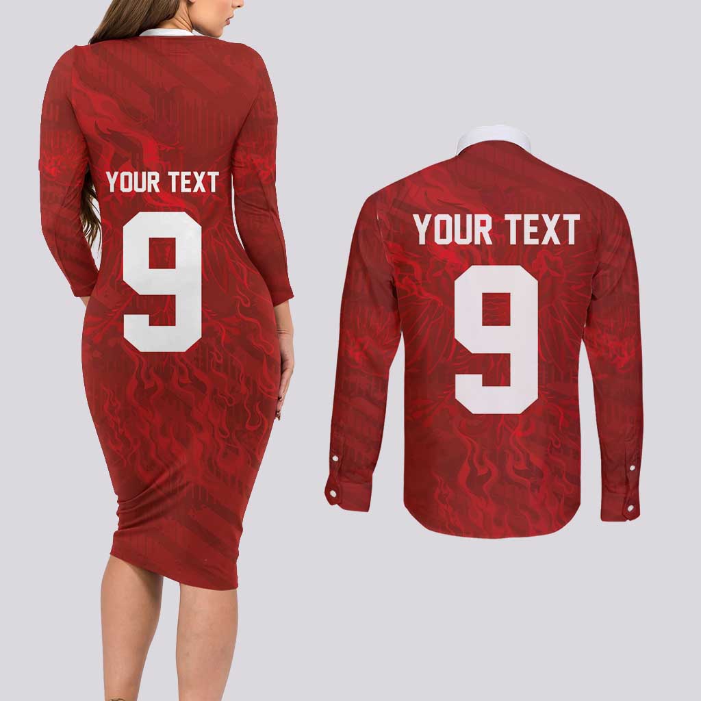 Custom Poland National Football Couples Matching Long Sleeve Bodycon Dress and Long Sleeve Button Shirt The Eagles on Flames - Wonder Print Shop
