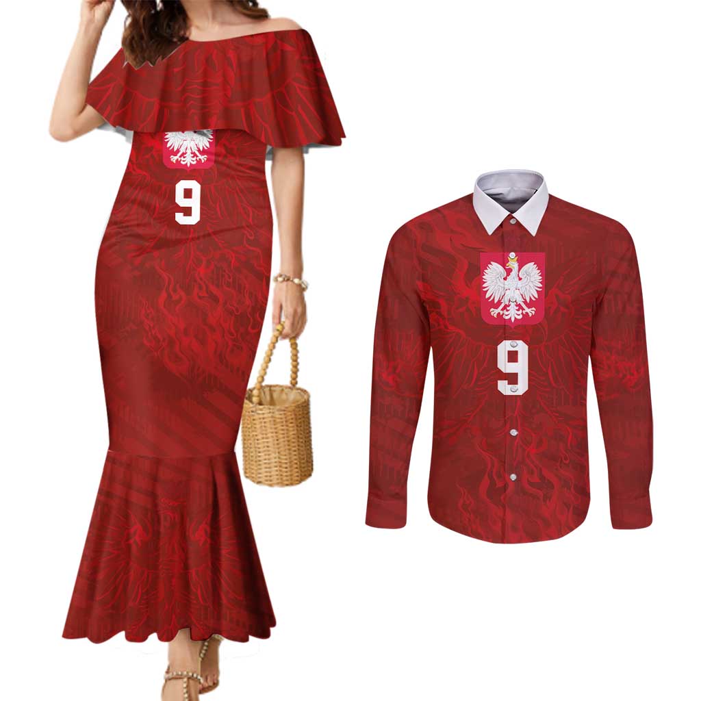 Custom Poland National Football Couples Matching Mermaid Dress and Long Sleeve Button Shirt The Eagles on Flames - Wonder Print Shop