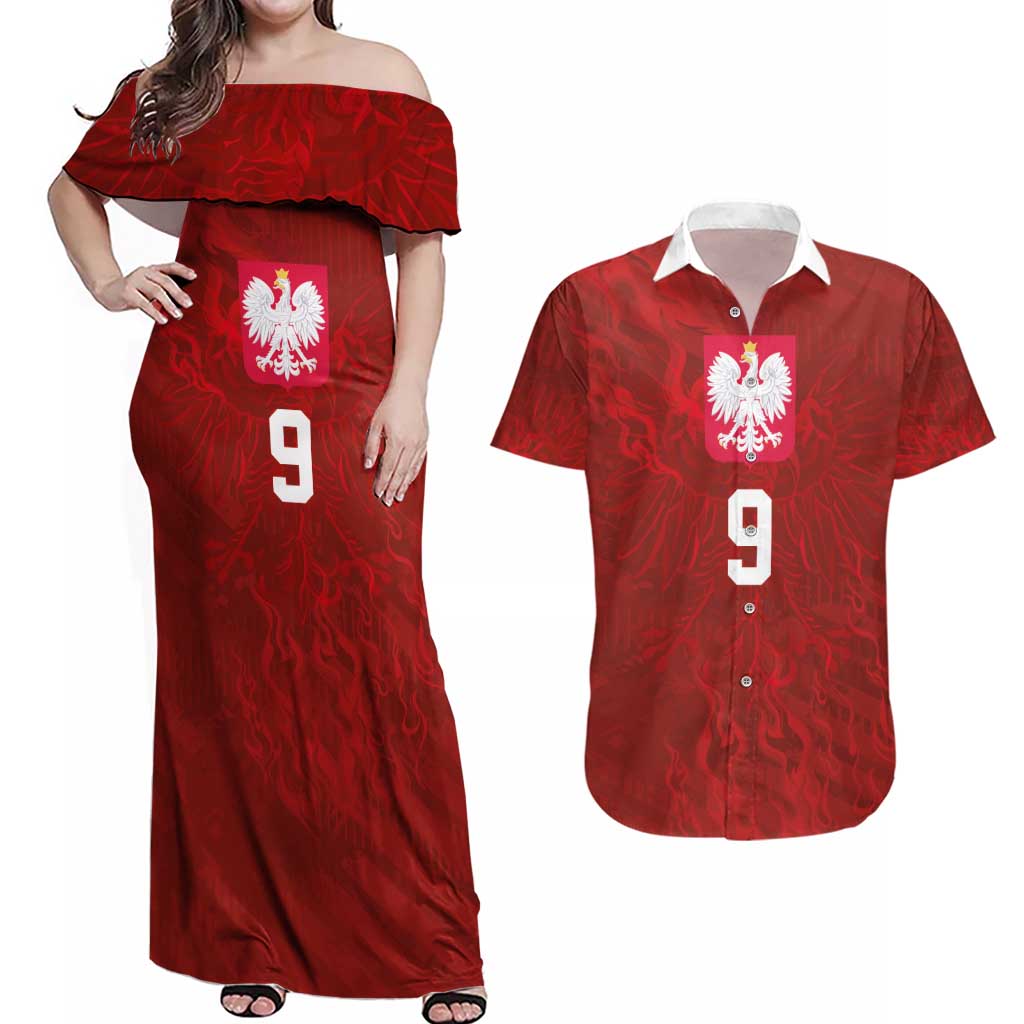 Custom Poland National Football Couples Matching Off Shoulder Maxi Dress and Hawaiian Shirt The Eagles on Flames - Wonder Print Shop