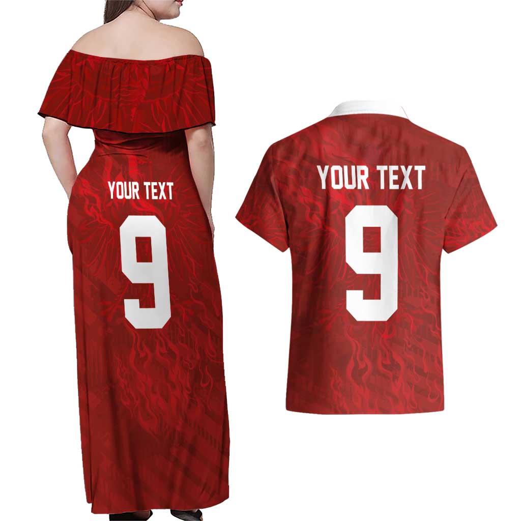 Custom Poland National Football Couples Matching Off Shoulder Maxi Dress and Hawaiian Shirt The Eagles on Flames - Wonder Print Shop