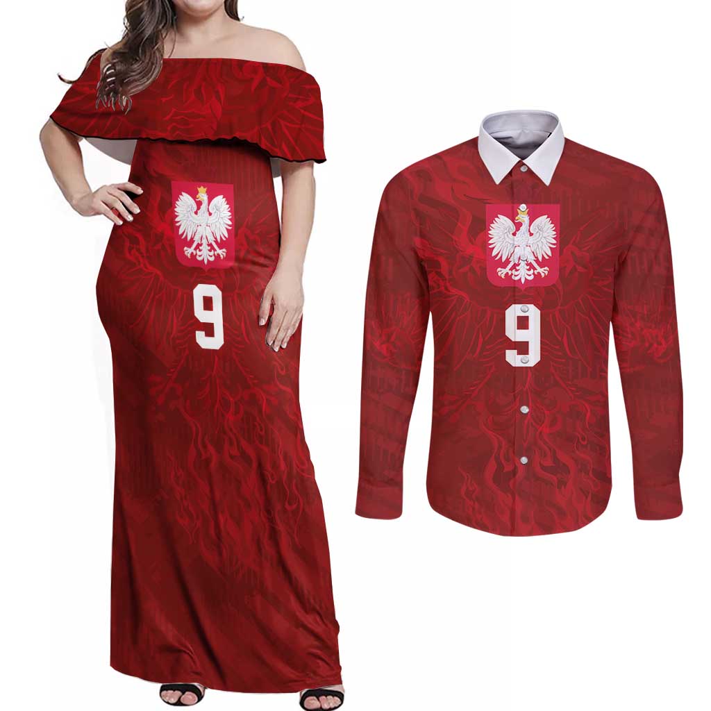 Custom Poland National Football Couples Matching Off Shoulder Maxi Dress and Long Sleeve Button Shirt The Eagles on Flames - Wonder Print Shop