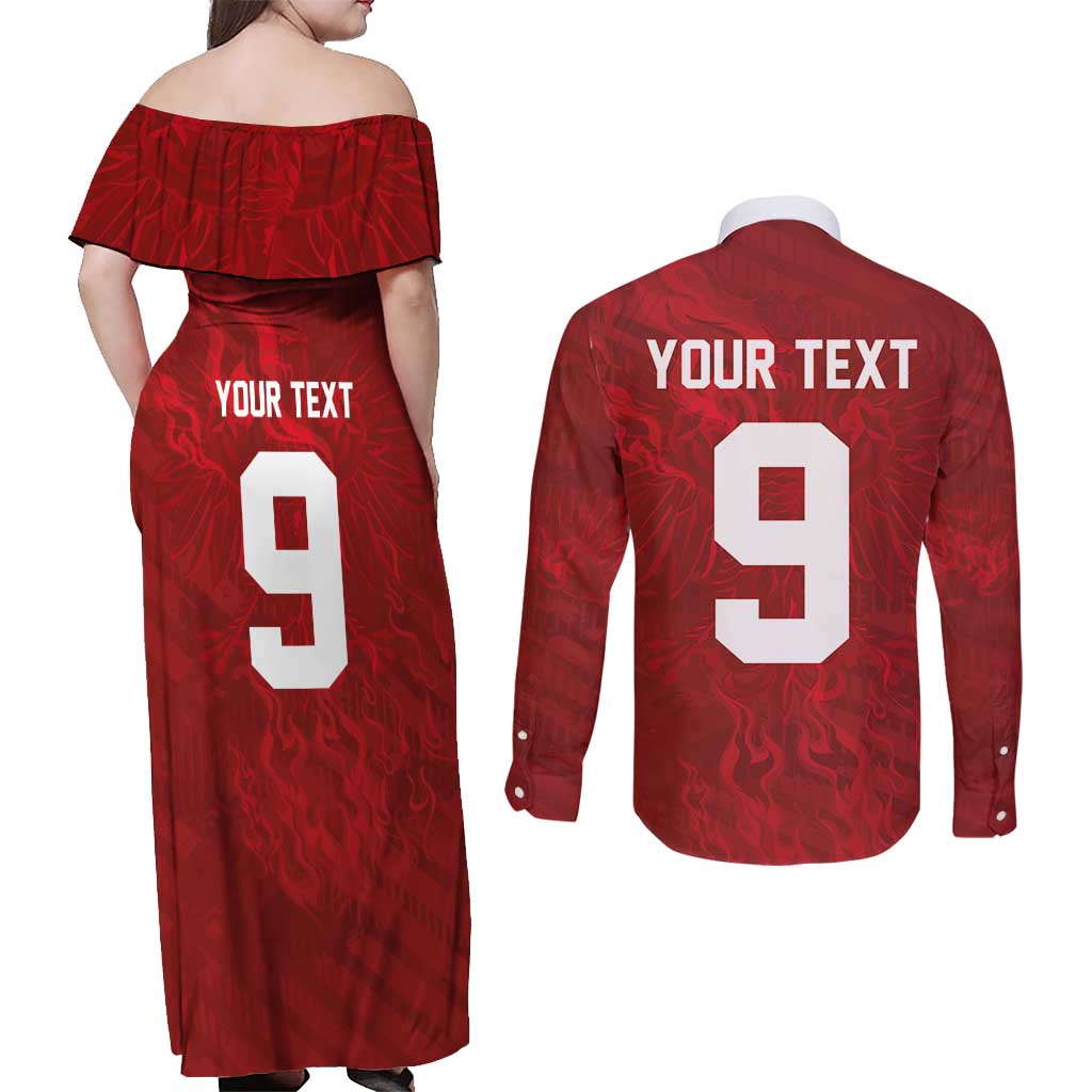 Custom Poland National Football Couples Matching Off Shoulder Maxi Dress and Long Sleeve Button Shirt The Eagles on Flames - Wonder Print Shop