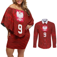 Custom Poland National Football Couples Matching Off Shoulder Short Dress and Long Sleeve Button Shirt The Eagles on Flames - Wonder Print Shop