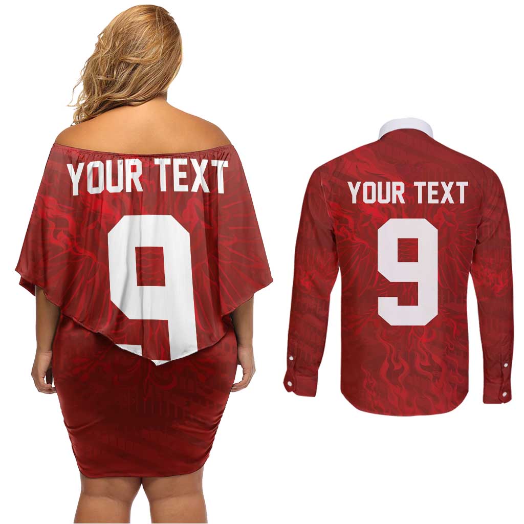 Custom Poland National Football Couples Matching Off Shoulder Short Dress and Long Sleeve Button Shirt The Eagles on Flames - Wonder Print Shop