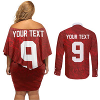 Custom Poland National Football Couples Matching Off Shoulder Short Dress and Long Sleeve Button Shirt The Eagles on Flames - Wonder Print Shop