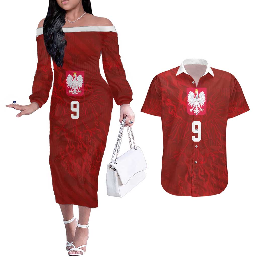 Custom Poland National Football Couples Matching Off The Shoulder Long Sleeve Dress and Hawaiian Shirt The Eagles on Flames - Wonder Print Shop