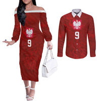 Custom Poland National Football Couples Matching Off The Shoulder Long Sleeve Dress and Long Sleeve Button Shirt The Eagles on Flames - Wonder Print Shop